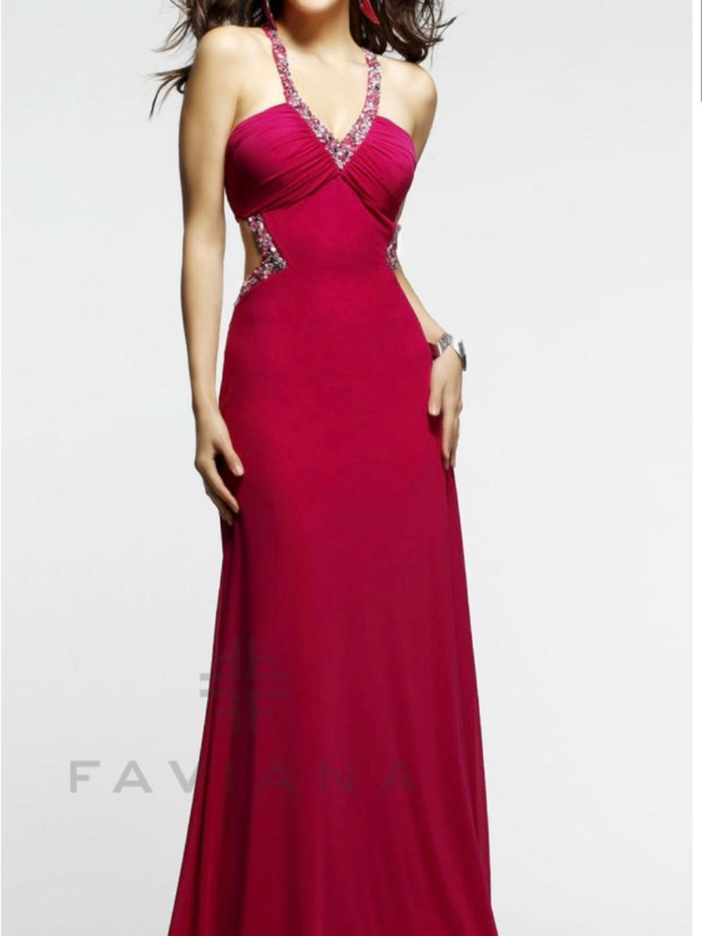 Faviana Couture Raspberry Beaded Open Back Prom Dress Size 0